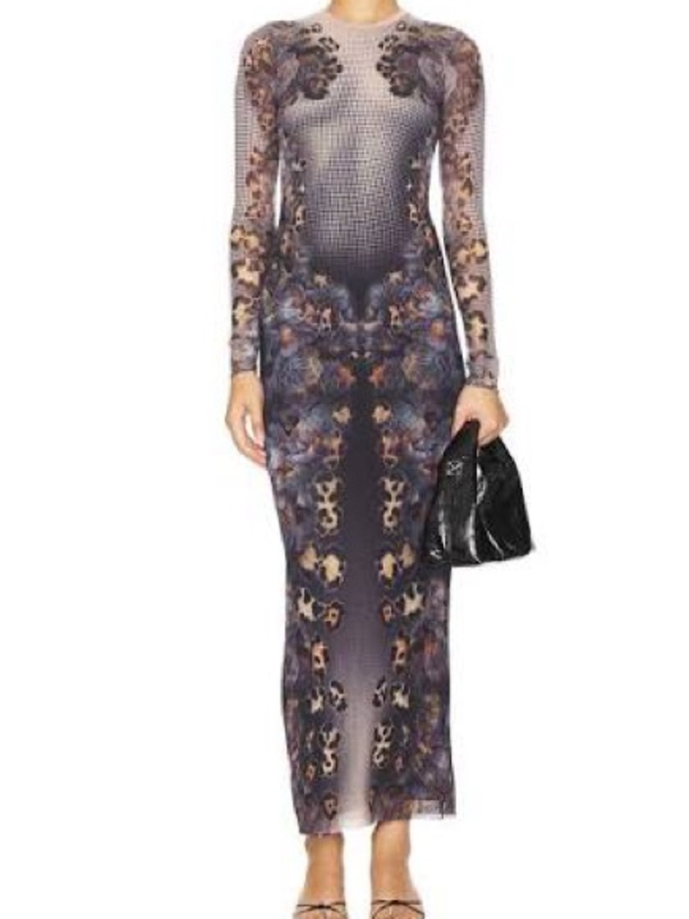 Afrm Long Sleeve Floral Leopard Print Maxi Dress in Black and Purple - Picture 2 of 3
